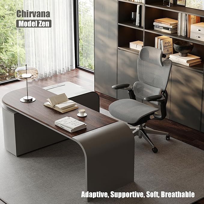 Ergonomic Office Chair with Adjustable 3D Lumbar Support, Mesh Computer Chair 5D Armrests, Home Desk Chair with 4D Headrest, 90-130°Tilt, BIFMA Certified, Model Zen (Grey)