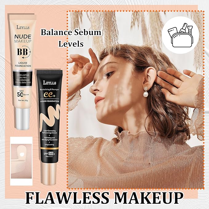 2 Pack Full Coverage Liquid Foundation,Moisturizing BB Cream Foundation Makeup Set with Foundation Brush,Oil Control Long Lasting Waterproof Concealer CC Cream Foundation for Women(Natural)