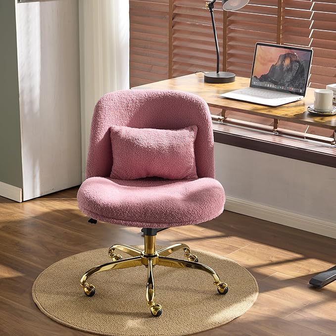 VINGLI Wide Criss Cross Legged Office Chair,Buttprint Ergonomic Desk Chair Comfy with Pillow&Gold Base,Dual-Use with/no Wheels,Adjustable Vanity Swivel Chair for Bedroom,Home Office,Teddy Plush,Purple
