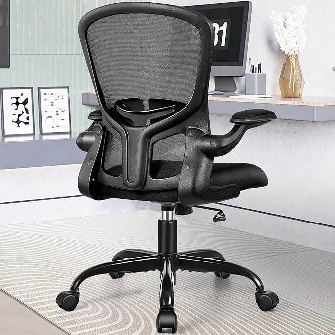 FelixKing Office Desk Chairs, Ergonomic PC Desk Chair with Wheels, Adjustable Lumbar Support and Height, Swivel Computer Chair with Flip-up Armrests, Ergo Mesh Backrest for Working (Black)