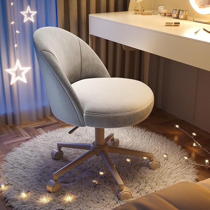 EnHomee Vanity Chair with Wheels, Cute Desk Chair Comfy with Back,Small Office Chair with Adjustable Rolling Swivel for Makeup Room Bedroom, Home Office, Armless,Muted Grey