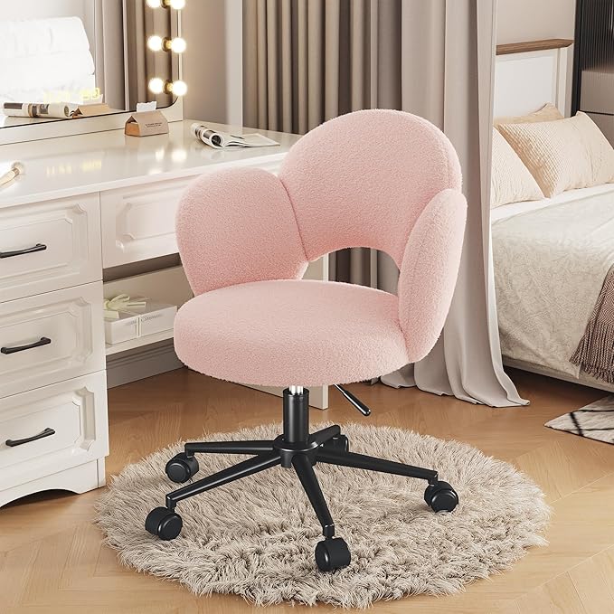 Petal Vanity Chair with Wheels, Cute Desk Chair with Back, Height Adjustable & Lumbar Support, Small Office Chair for Study, Makeup & Relaxation, Pink