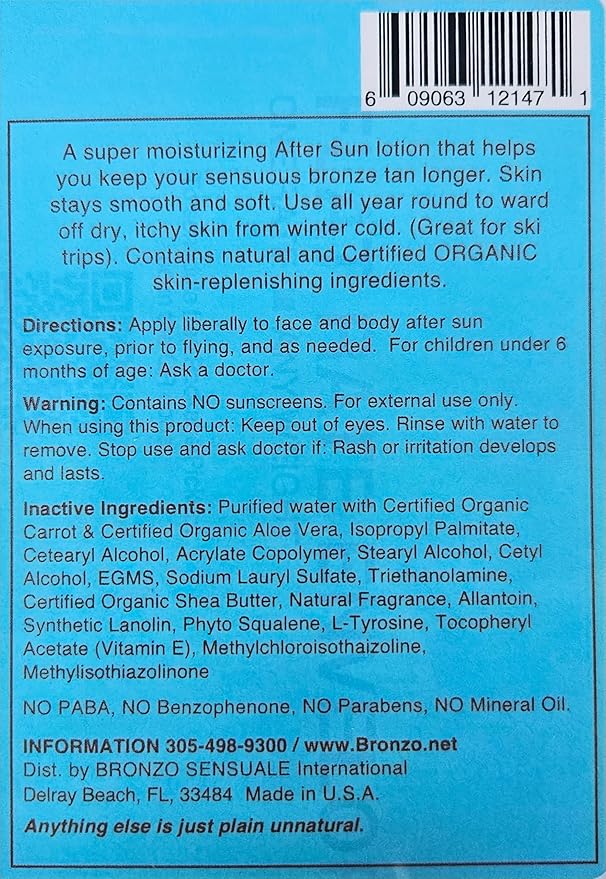 After-Sun Organic Carrot Lotion – Tan Extender by Bronzo Sensuale, 8.5 Fl. Oz.