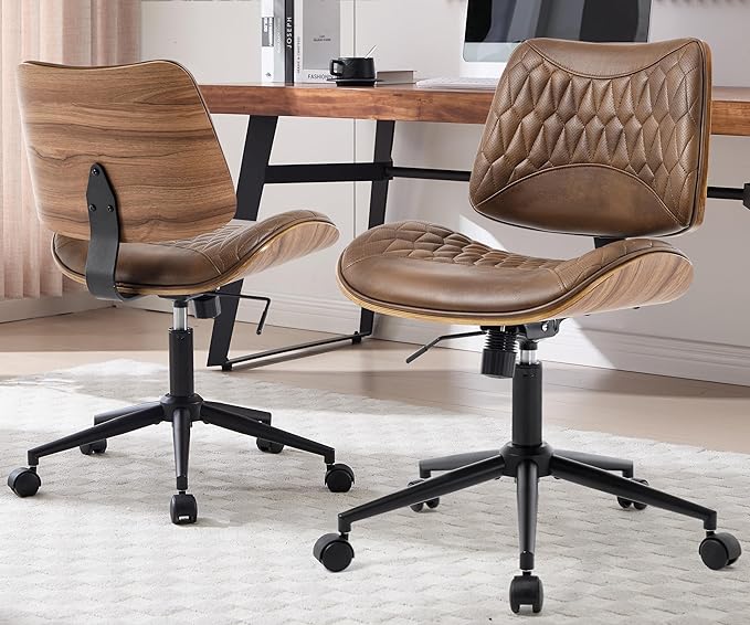 Walnut Bentwood Mid Back Armless Office Chair 2 Pack, Adjustable Height PU Leather Swivel Desk Chair with Wheels, Rolling Computer Task Chair for Home Office, Study, Meeting Room