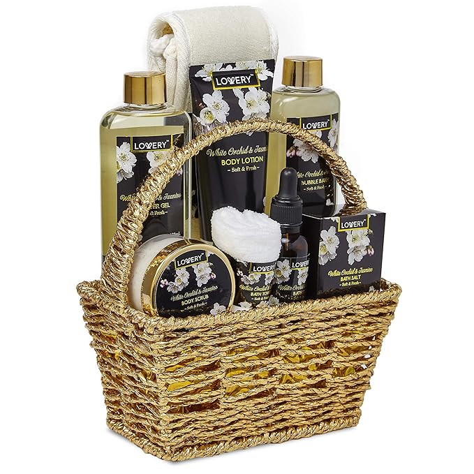Gift Baskets for women Mom Gifts, Bath and Body Spa Set– Orchid & Jasmine Home Spa Set With Body Scrubs, Lotions, Oils, Gels and More - Care Package for Women & Men - 9 Piece Set