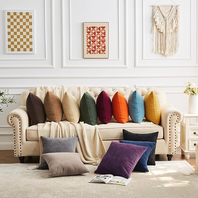 GAWAMAY Decorative Square Throw Pillow Covers 18x18 Inch Set of 4, Super Soft Chenille Pillows Cover Fall Pillowcase for Living Room Bedroom Sofa Couch Cushion Cover Brown 45x45cm (No Inserts)