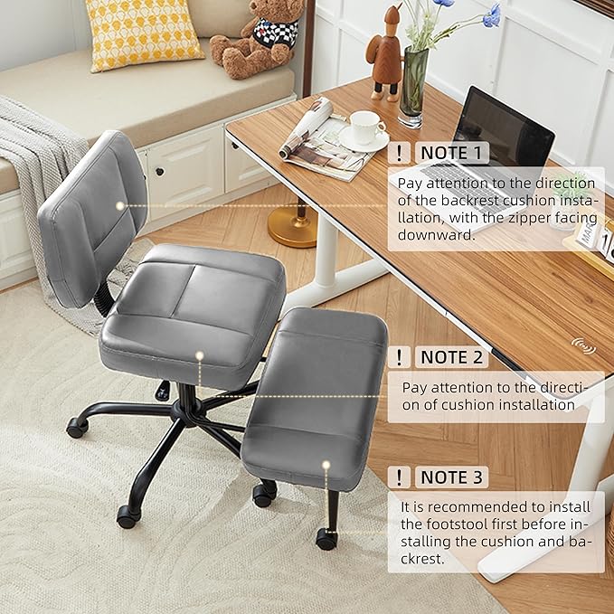 Criss Cross Legged Office Chair with Wheels,Swivel Meditation Chair for ADHD,Ergonomic Cross Legged Desk Chair with Thicken Adjustable Footstool,PU Sitting Fidgeting Kneeling Chair for Home Yoga Grey