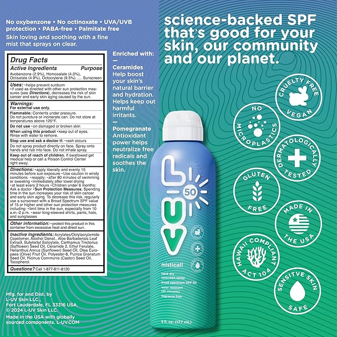 L-UV mistical! SPF 50 Sunscreen Spray - Broad-Spectrum UVA & UVB Protection, Water-Resistant, Lightweight Formula, Sensitive Skin Safe, 6 fl oz