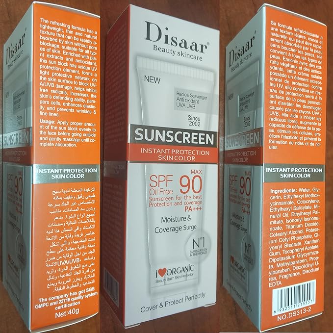 DISAAR BEAUTY Sunscreen SPF 90 PA+++, High Protection Oil-Free Sunblock with UVA/UVB Defense, Moisturizing and Lightweight Foundation Coverage, 40g (1.41oz)