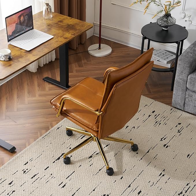 MOJAY Office Chair, Leather Desk Chair, Brown Desk Chair, Mid Century Modern Office Chair, Swivel Comfy Upholstered Wide Seat Chair with Gold Legs and Armrests for Home, Office (Camel&Golden)