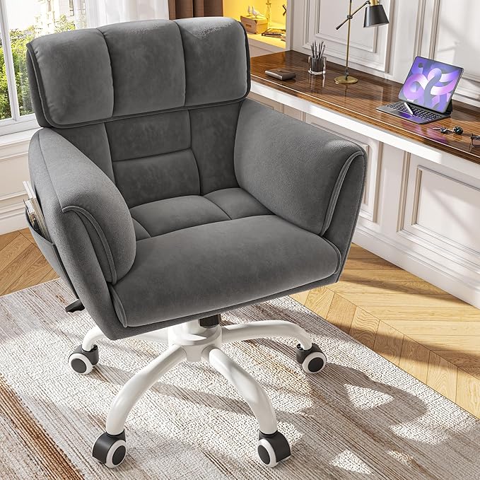 Home Office Chair with Wheels Soft-Touch Material,Modern Cute Vanity Chair with Back Adjustable Height Upholstered Comfy Desk Chairs with Side Pockets for Bedroom,Grey