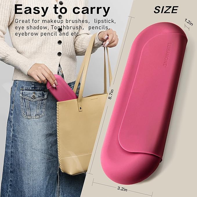 Makeup Brush Holder Magnetic Closure Make Up Brushes Organizer Silicone Makeup Bag Travel Essentials (Rose Red)