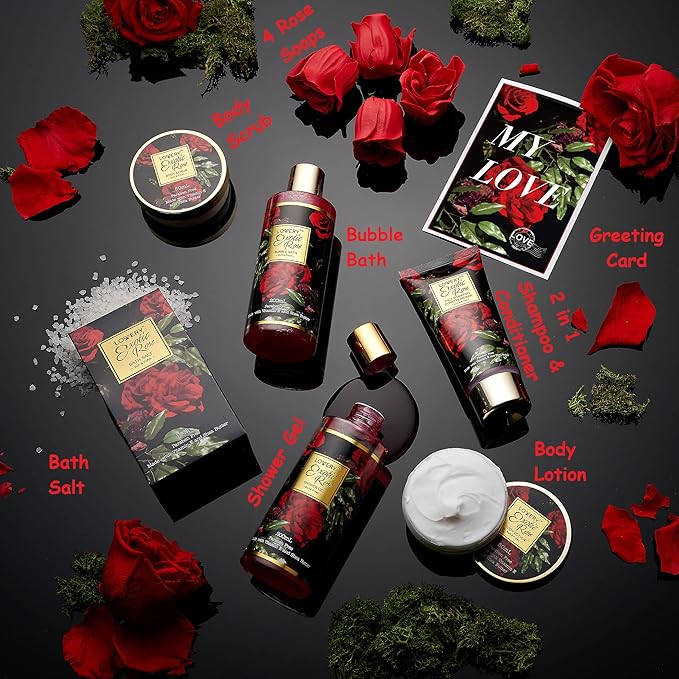 Gifts for Her - Exotic Rose Valentine Gift Basket for Women, Spa Bath and Body Gift Set, Anniversary Gifts for Women, Mom Birthday Gift with Body Scrub, Bubble Bath, Lotion & More