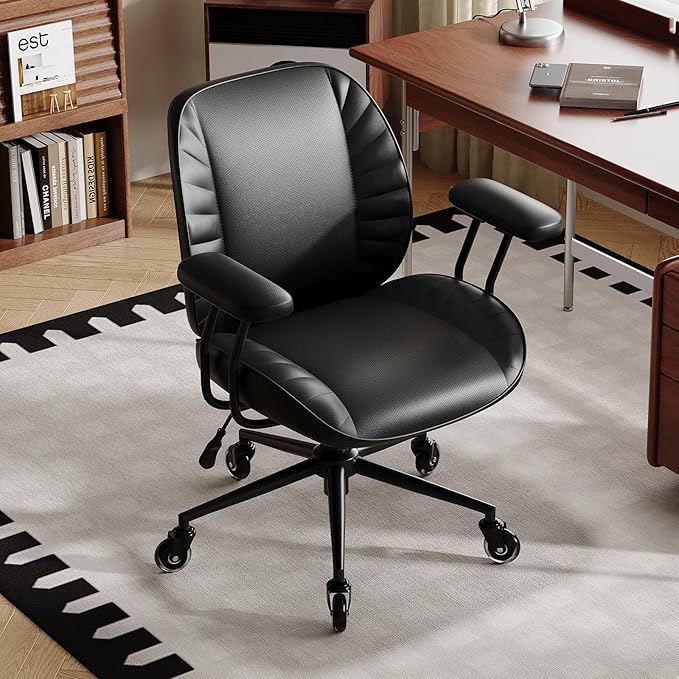 BFZ Home Office Desk Chair, Adjustable Comfy Desk Chair with Wheels, Comfortable Ergonomic Office Chair, Criss Cross Office Desk Chair with Back for Vanity,Home Office or Workspace, Black Leather