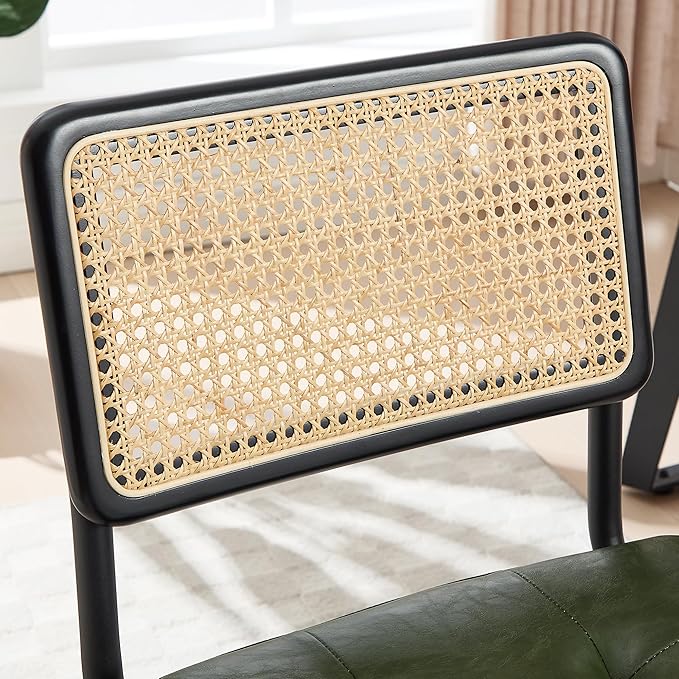 Zesthouse Rattan Desk Chair No Wheels, Mid Century Modern Home Office Chair with Cane Mesh & Wooden Back, Vintage Faux Leather Swivel Accent Chair, Upholstered Armless Computer Task Chair,Green
