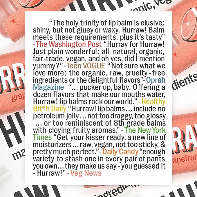 Hurraw! Grapefruit Lip Balm: Organic, Certified Vegan, Cruelty and Gluten Free. Non-GMO, 100% Natural Ingredients. Bee, Shea, Soy and Palm Free. Made in USA