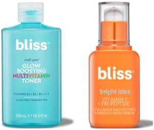 Bliss Brightening & Hydrating Skincare Bundle - Vitamin C Serum with Tri-Peptide Collagen & Hydrating Toner with Vitamin B3, B5, B6, C & E - Anti-Aging, Dark Spot Reduction, Skin Elasticity Boost, Bal