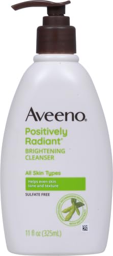 Aveeno Positively Radiant Brightening Facial Cleanser for Sensitive Skin,Targets Dull Skin,Moisture Rich Soy Extract,Non-Comedogenic,Oil- & Soap-Free,Hypoallergenic,11 Fl. Oz,(Pack of 2)