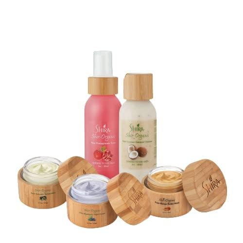 Shira Organic–Face Essentials Combo Of Avocado moisturizer 15ml, Blueberry night cream 15ml, Pomegranate Toner 89ml, Mango Butter Mask 15ml, Coconut Oatmeal Cleanser 89ml,Skin Care Essentials