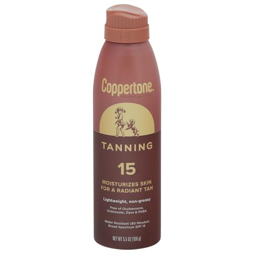 Coppertone Tanning Sunscreen Spray with Broad Spectrum SPF 15, Water Resistant Spray Sunscreen, Lightweight and Non-Greasy, 5.5 Oz (Pack of 2)