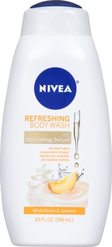 NIVEA Refreshing White Peach and Jasmine Body Wash with Nourishing Serum,Scented Body Wash for Women,Enriched with Provitamin B5 and Vitamin E,20 Fl Oz Bottle,(Pack of 2)