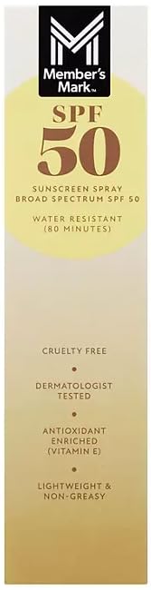 Member Mark SPF 50 Sunscreen Spray, Broad Spectrum, Water Resistant 80 Minutes, Vegan, 3 Cans, 27.3 oz