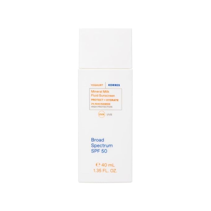 KORRES Greek Yoghurt Mineral Milk Fluid Sunscreen, Lightweight Face Sunscreen for Daily Hydration, Mineral UV Protection, Sensitive Skin Friendly SPF for Face, Vegan, Travel Size, 1.35 Fl Oz