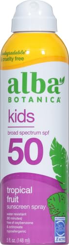 Alba Botanica Kids Sunscreen Spray for Face and Body, Tropical Fruit, Broad Spectrum SPF 50, Water Resistant, 5 fl. oz. Bottle (Pack of 2)