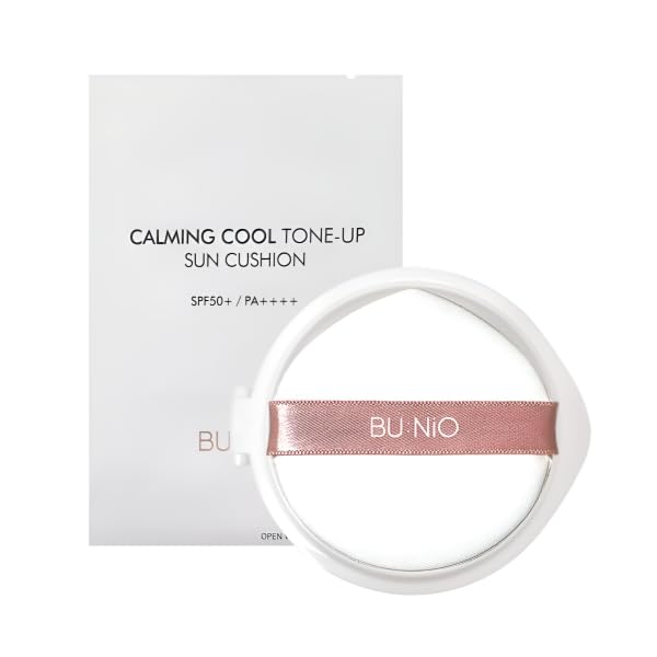 BU:NiO Calming Cool Tone up sun Cushion Foundation SPF50+ CC/BB Cream(0.88FlOz) Transparent&Natural tone-up&Even skin tone-Whitening&Wrinkle Improvement,Derma tested (Pink Beige, 0.88Fl Oz (Refill))