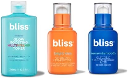 Bliss Radiant Skin Care Trio - Well Yes Hydrating Toner, Bright Idea Vitamin C Serum & Renew & Smooth Night Face Serum - Brightens, Soothes, and Exfoliates - Vegan & Cruelty-Free - 3 Pack