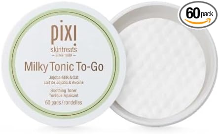 Pixi Milky Tonic to-Go, Calming & Hydrating Pads Containing Jojoba Milk, Infused with Oat Extract to Soothe, Alcohol-Free Daily Nourishing Toner On The Go, 60 Pads