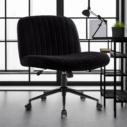 IWMH Criss Cross Chair Cross Legged Office Chair with Wheels Armless Wide Seat Desk Chairs Height Adjustable Computer Task Chairs Swivel Vanity Chair for Home Office Bedroom Make Up Small Space Black