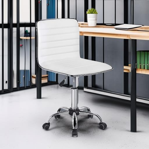 Yaheetech Adjustable Task Chair PU Leather Low Back Ribbed Armless Swivel White Desk Chair Office Chair Wheels
