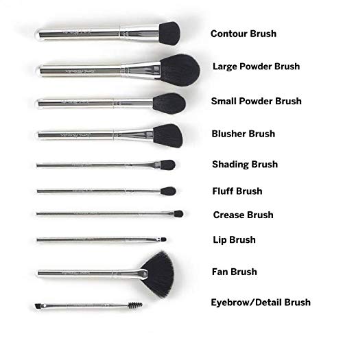 Jerome Alexander 10 Piece Professional-Grade Cosmetic Brush Set with Synthetic Bristles and Chrome Ferrule in Black