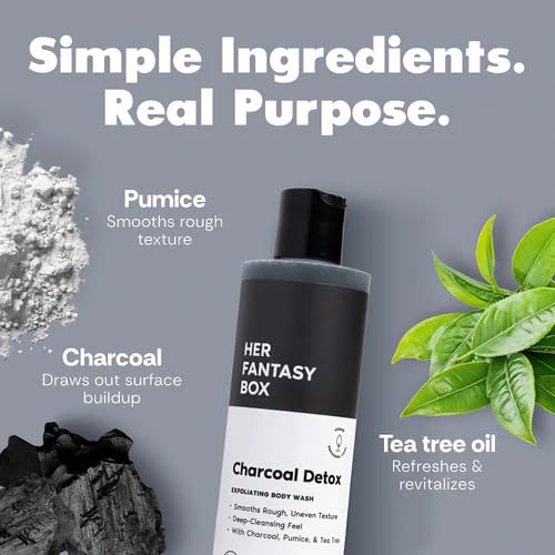 Her Fantasy Box | Charcoal Detox Exfoliating Body Wash – Activated Charcoal & Pumice Deep Cleanser with Tea Tree & Eucalyptus, Refreshing Exfoliation for Smoother Skin, Vegan & pH Balanced (16 oz)