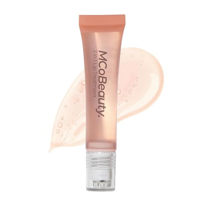 MCoBeauty Glow and Treat 2-in-1 Lip Treatment Peach - Tinted Lip Oil with Squalane Roller Ball Applicator - Glossy Moisturizing Lip Balm Gloss for Dry Lips - Vegan Cruelty Free Lip Care - 10ml