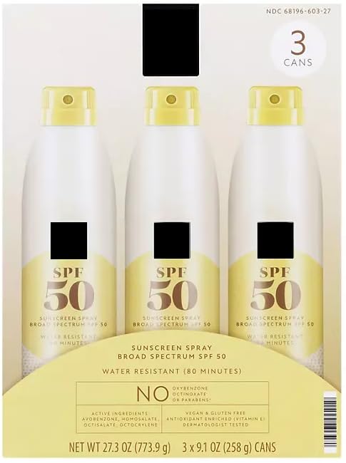 Member Mark SPF 50 Sunscreen Spray, Broad Spectrum, Water Resistant 80 Minutes, Vegan, 3 Cans, 27.3 oz