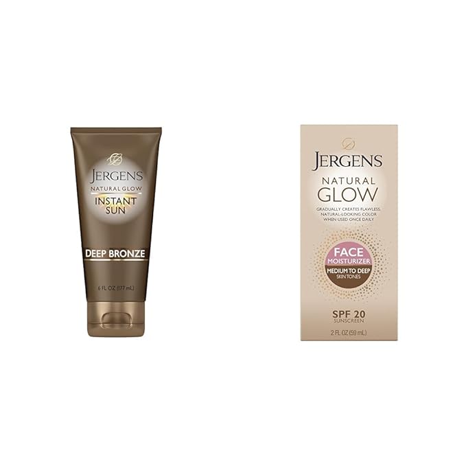 Jergens Natural Glow Instant Sun Sunless Tanning Moisturizer & Natural Glow Self Tanner Face Moisturizer, SPF 20 Facial Sunscreen, Medium to Deep Skin Tone, Sunless Tanning, Oil Free