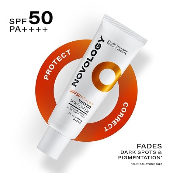 Novol.ogy SPF 50 PA++++ Tinted Sunscreen for Pigmentation, Dark Spots and Acne Marks | Blends into Natural Finish | For All Skin Types | 50 g