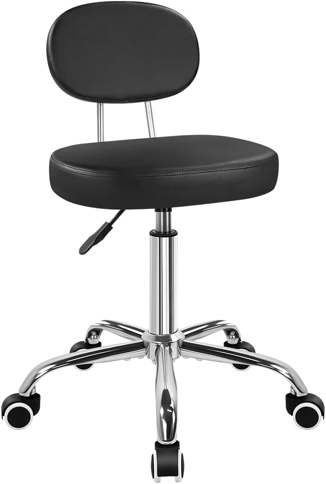 KKTONER Home Office Chair Rolling Stool with Swivel Wheels Adjustable Height Work Chair Matte PU Leather Drafting Stool Chair with Backrest Computer Chair Black