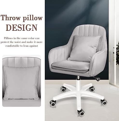 Mid Back Velvet Vanity Chair Swivel Rolling Desk Chair with Wheels, Modern Upholstered Makeup Chair for Women Girls, Computer Task Chair for Bedroom Living Room Office, Gray