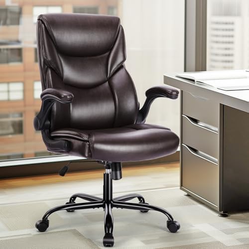 DUMOS PU Leather Office Chair - Ergonomic Executive Computer Desk Chairs with Adjustable Flip-up Armrest, Swivel Task Chair with Lumbar Support, Strong Metal Base,Dark Brown