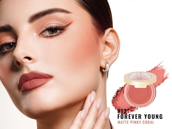 Oulac Blush Face Coral Matte | Pigmented Powdery Cream Blusher Warm Skin Light Medium| Natural Matte | Light Weight&Blendable| Cruelty-Free Blush| 12 Forever Young 4.8g