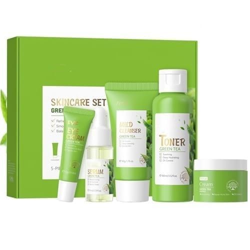 Green Tea Skincare Set, Soothe Facial Kit for Women/Teenage Girls with Cleanser, Toner, Serum, Eye Cream and Face Cream, Deep Cleaning, Oil Control, Moisturize Skincare Gifts Kits For Teen Girls