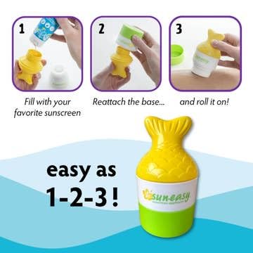 Sun-Easy Sunscreen Applicator, Refillable Roll-On with Sponge for Kids and Babies, Fun, Fast and Mess-Free application, Holds 80 ml, Fish/Pink Cap