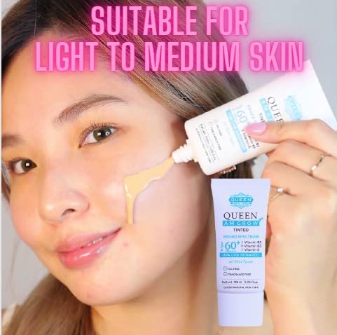 QUEEN AM GLOW | TINTED SunScreen SPF 60 Primer-Anti Aging, Face Moisturizer- Vitamin B3, B5, E- Non-Greasy, Silky Touch, oil free, fragrance free by QUEEN NATURAL NEW YORK (Pack of 1)