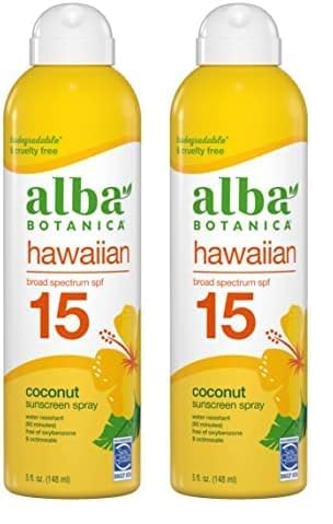 Sunscreen Spray for Face and Body, Broad Spectrum SPF 15 Sunscreen, Hawaiian Coconut, Water Resistant and Biodegradable - Alba's Quality SPF 15 - Pack of (2) x 5 fl. oz. Bottles