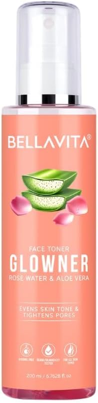 Bella...Vita Organic Glowner Face Toner, Alcohol Free, Rose Water 200ml Pore Minimizing Tightening Natural Toner Spray for Glowing Skin - All Skin Types