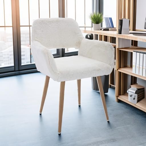 KCC Furry Desk Chair, Mid-Century Modern Accent Comfy Armchair with Faux Fur for Teen Girls, Wood Look Metal Legs Living Dining Room, Home Vanity Makeup Office No Wheel, White.