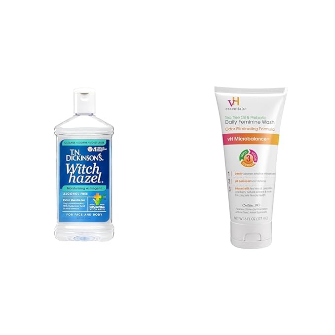 T.N. Dickinson's 16 oz 100% Natural Witch Hazel Moisturizing Astringent & vH Essentials 6 Fl Oz Tea Tree Oil & Prebiotic Feminine Wash
